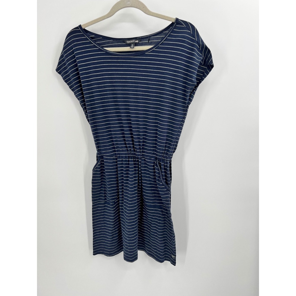 Toad&Co Womens XS Navy Blue Striped Tencel Blend Elastic Waist Pocket Dress
